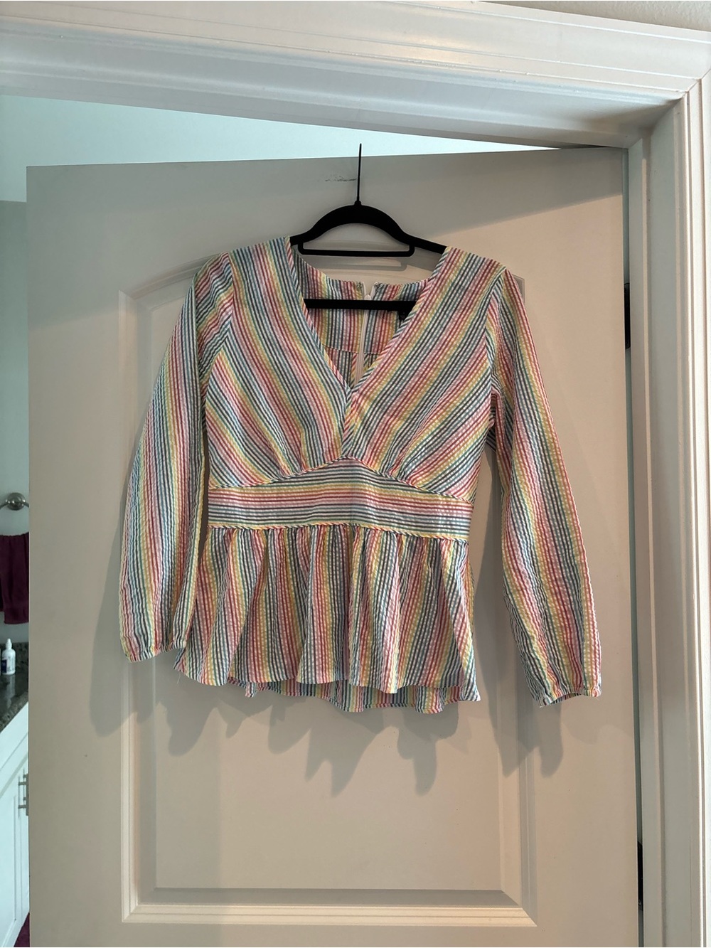 J. Crew Rainbow Striped V-Neck Peplum Top